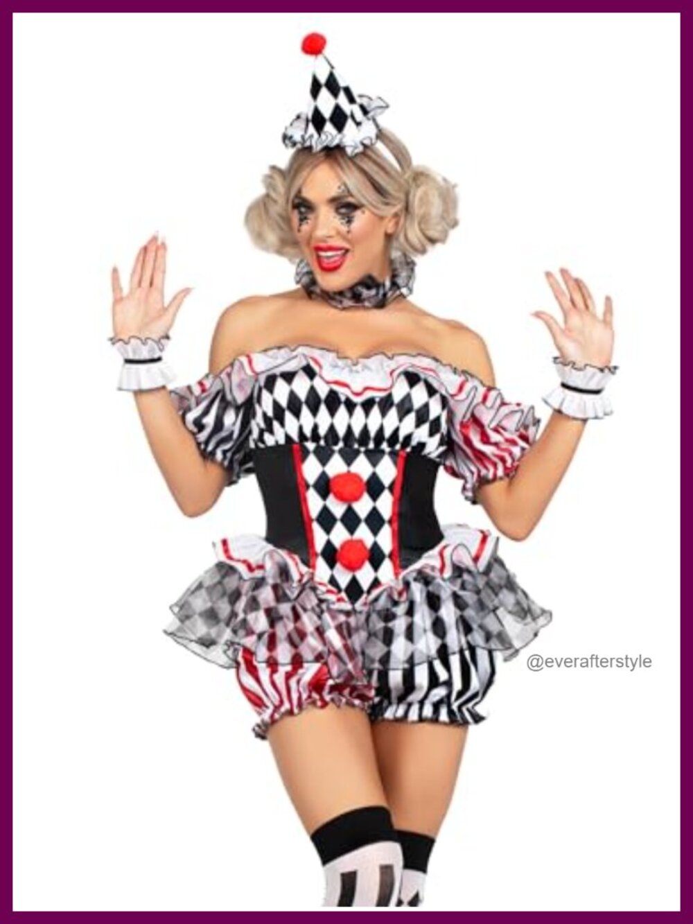 Harlequin Clown Costume 4 Piece Set Ruffle Trim Bloomer Romper Hat